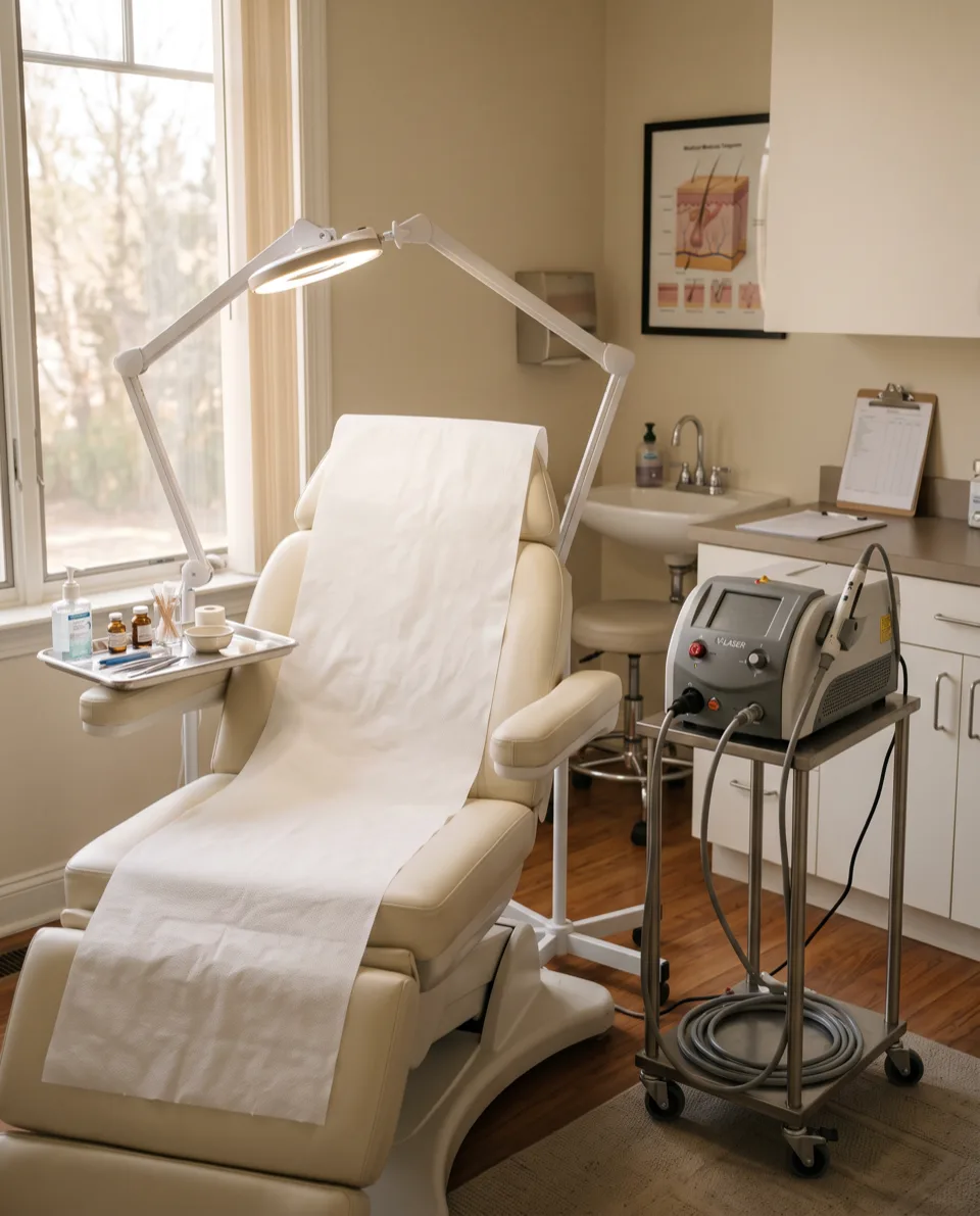 A dermatology treatment room with an examination chair, exam light and laser system.