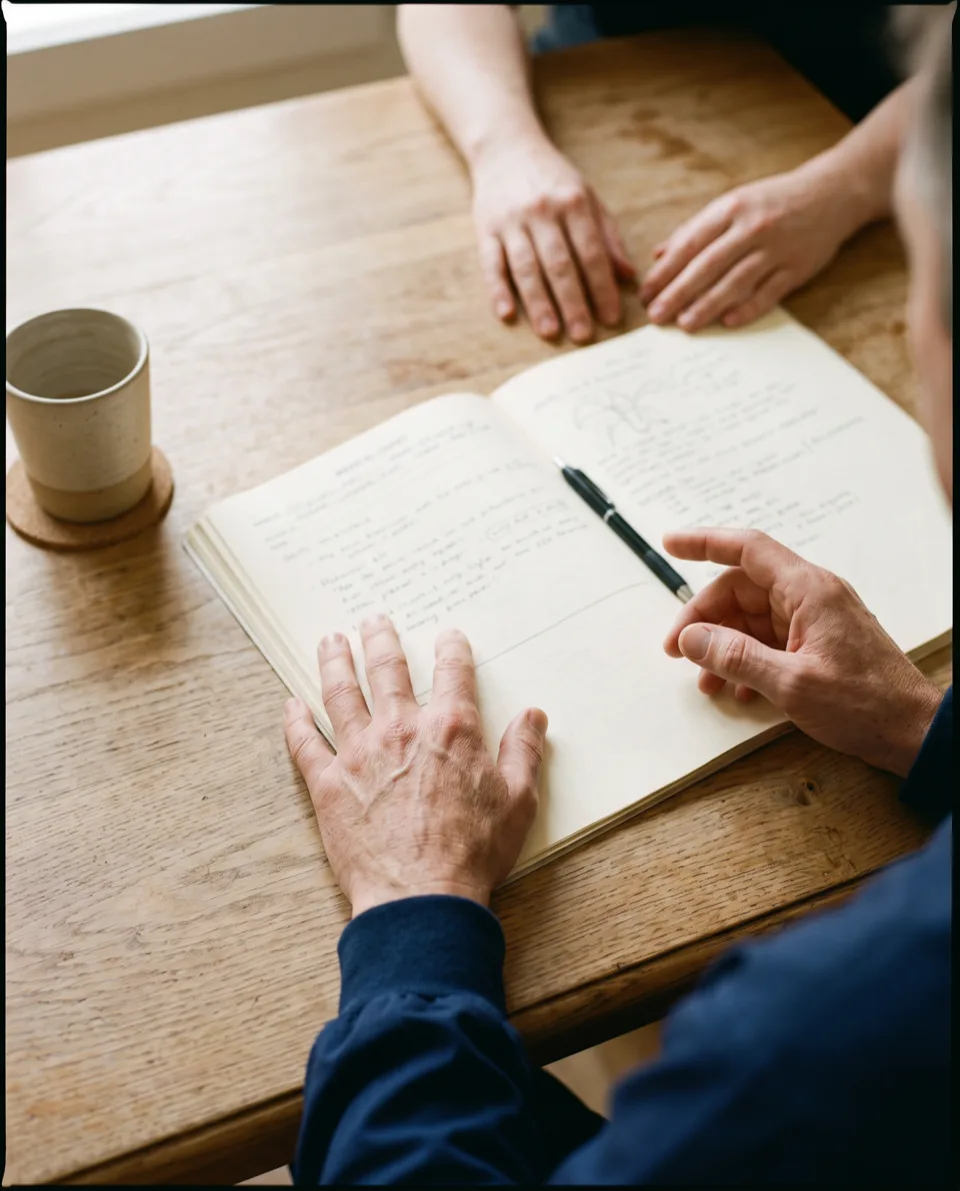 A physician's hands and a patient's hands across a consulting-room desk beside an open paper chart.