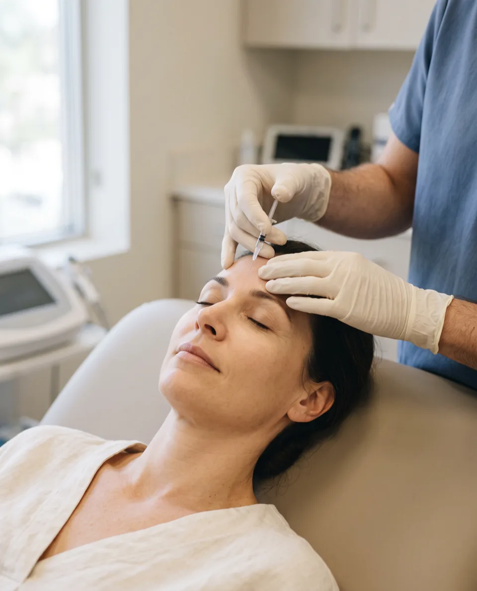 A physician injecting a patient's forehead with a fine needle during a Botox treatment.