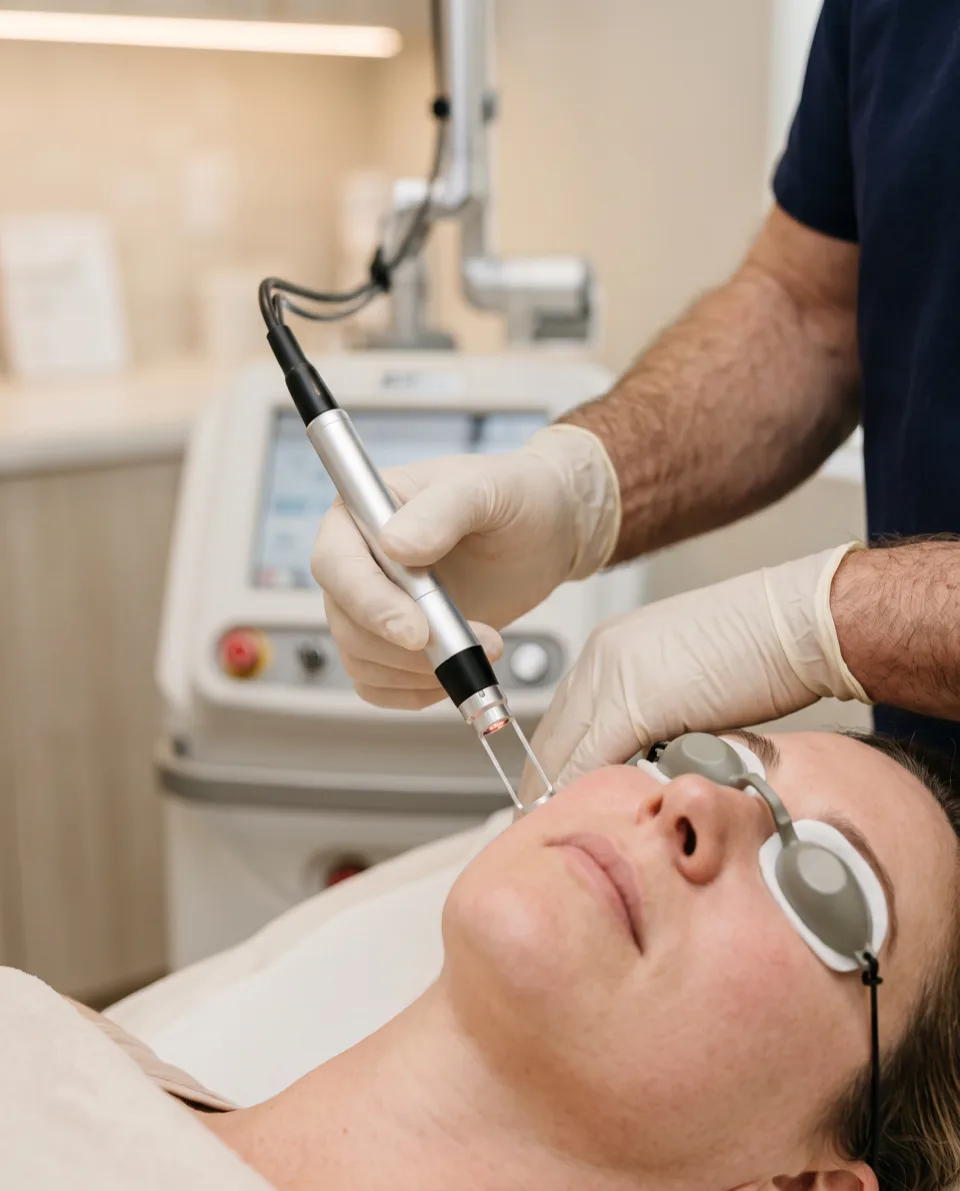 A physician's gloved hands guiding a cosmetic laser handpiece across a patient's cheek.