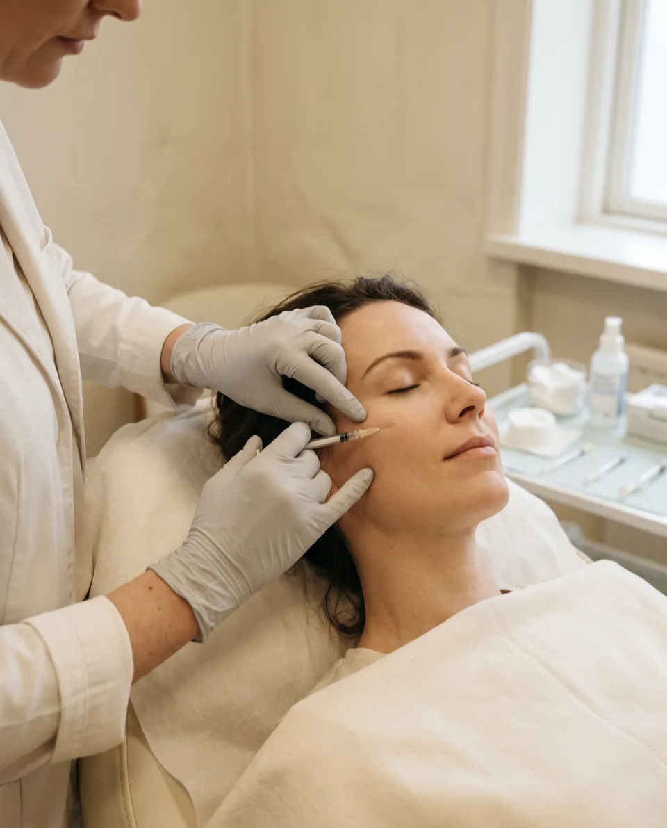 A physician's gloved hands administering a dermal filler injection to a patient's cheek.