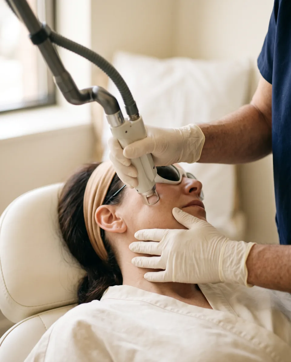 A physician's gloved hand passing a fractional resurfacing laser handpiece over a patient's cheek.