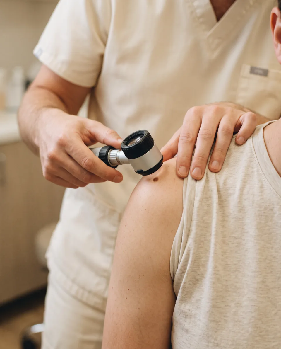 A dermatologist using a dermatoscope to check a mole on a patient's shoulder.